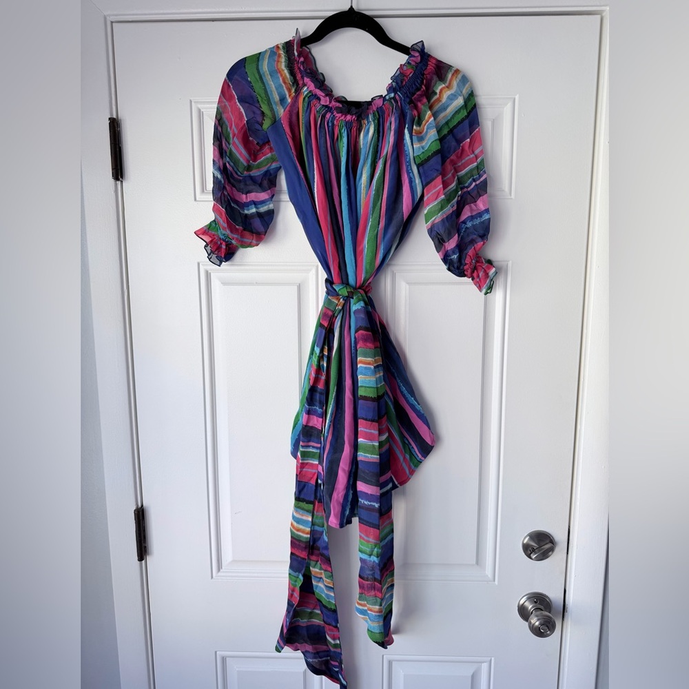 ISOLDA SIZE 4‎ S Mini 100% silk multicolor striped off the shoulder dress belt